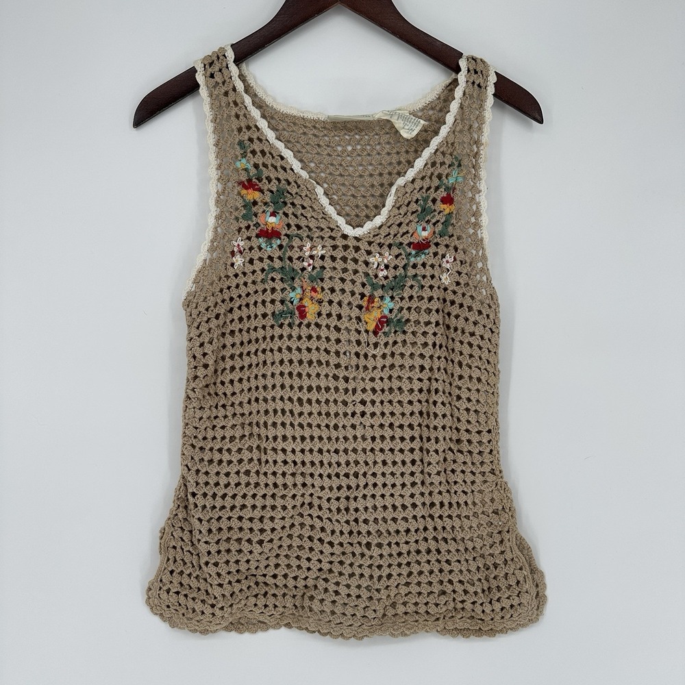 Faded Glory tan crochet tank top knit small v neck colorful floral embroidery